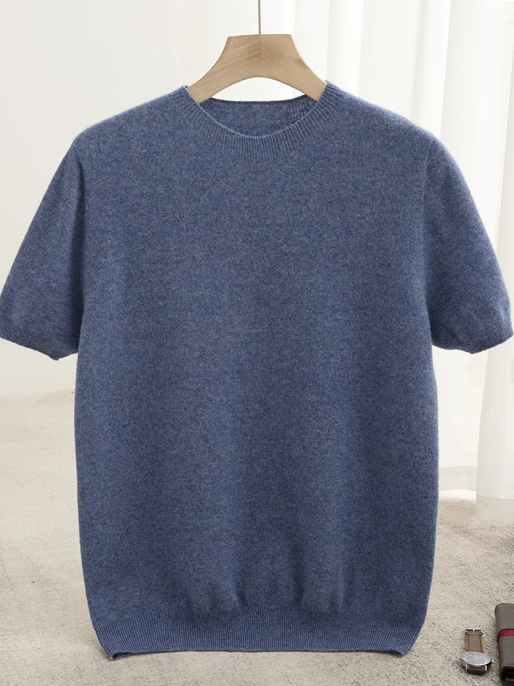 Men Classical T-shirt 100% Merino Wool Sweater O-neck Short Sleeve Pullover Smart Casual Basic Clothing Cashmere Knitwear Tops