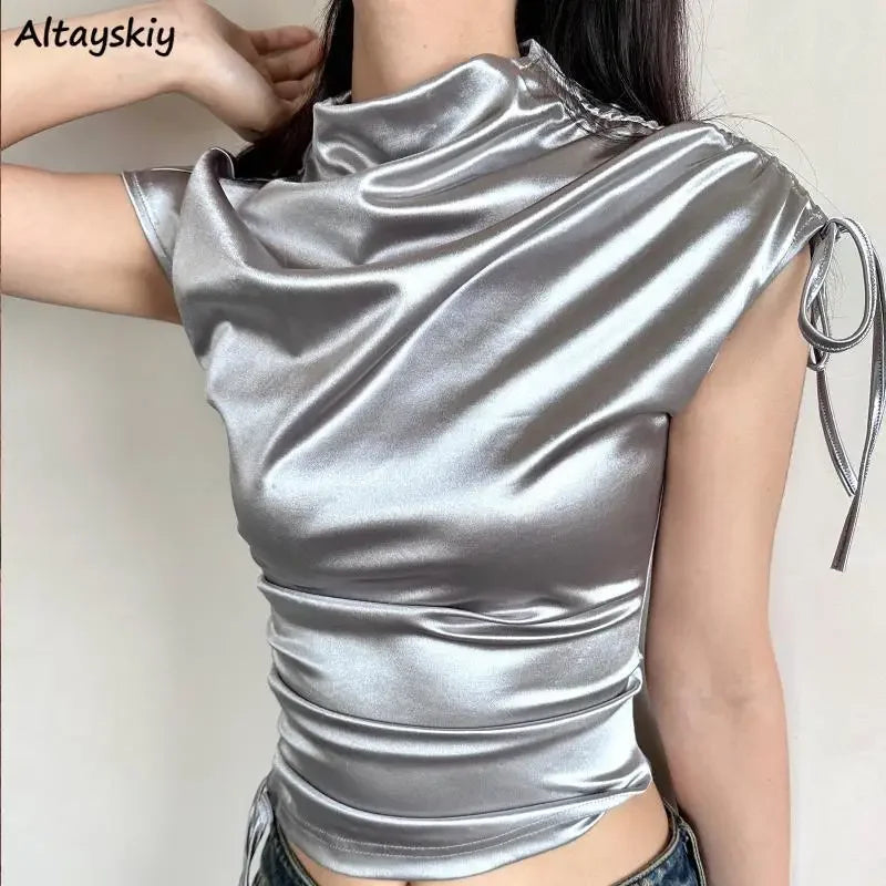 T-shirts Women Short Sleeve Solid Shirring Fashion Streetwear Flods Unique Slim Fit Hotties Chic Tops All-match Half Turtleneck