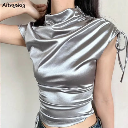 T-shirts Women Short Sleeve Solid Shirring Fashion Streetwear Flods Unique Slim Fit Hotties Chic Tops All-match Half Turtleneck