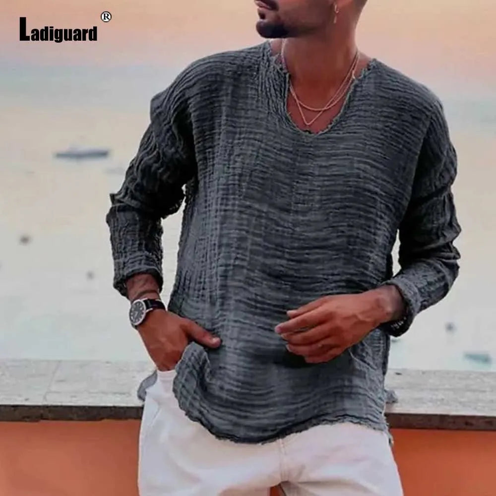 Men's Patchwork T-shirt Men Long Sleeve Fashion Ripped Cotton Tops Latest Summer Casual Linen Pullovers Sexy Mens clothing 2024