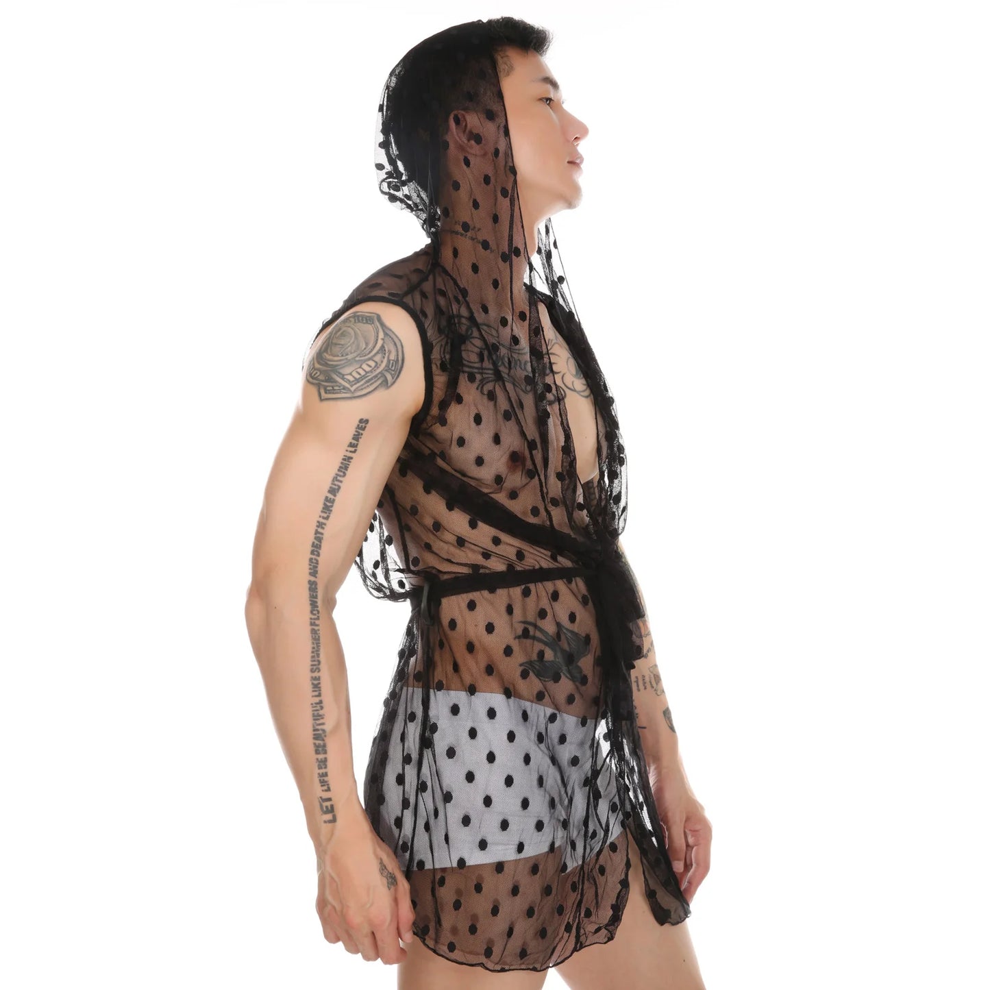 Men Robes Mesh Lace Homewear Sexy Sleepwear Nightwear Nightgown See Through Hooded Long Transparent Leisure Bathrobes