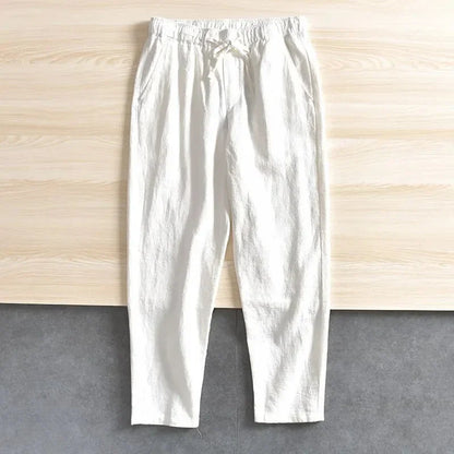 Men's Cotton Linen Pants Solid Color Simple Style Breathable Lightwieght Elastic Waist Straight Leg Male Casual Cozy Trousers