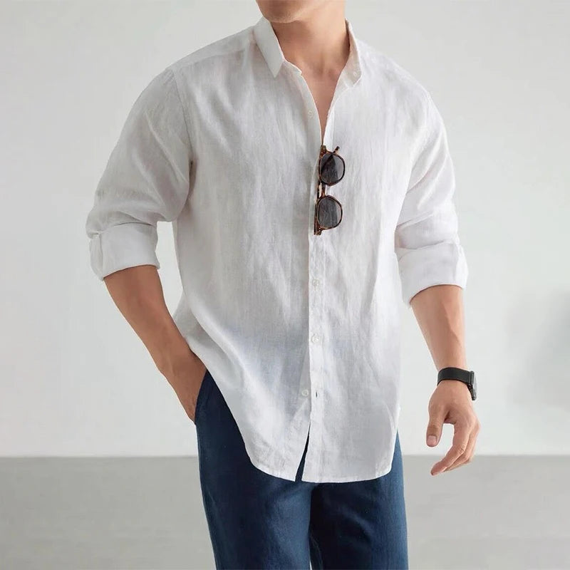 Men's Casual Fashion Shirt Long Sleeve 100% Linen Cotton T-shirts Black White Tops Clothing Plus Size Classic Baggy Shirts Men