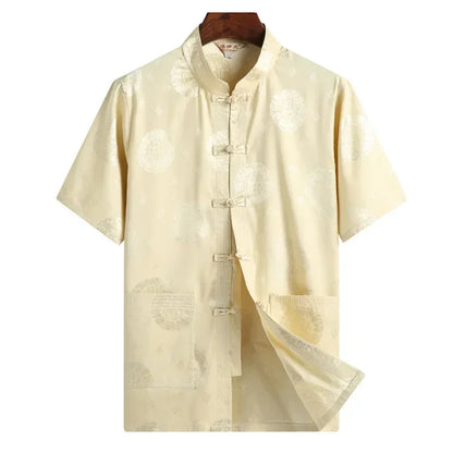 Traditional Chinese Clothing for Men Red Tang Suit Hanfu Short Sleeve Shirt Vintage Kung Fu China Tops Embroidery Clothes