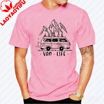 Men Clothing  Van Life Ladies Camping Printed T-Shirt Male Designing T Shirt Top Tee Vintage Outdoor Classic O-neck Woman Tshirt