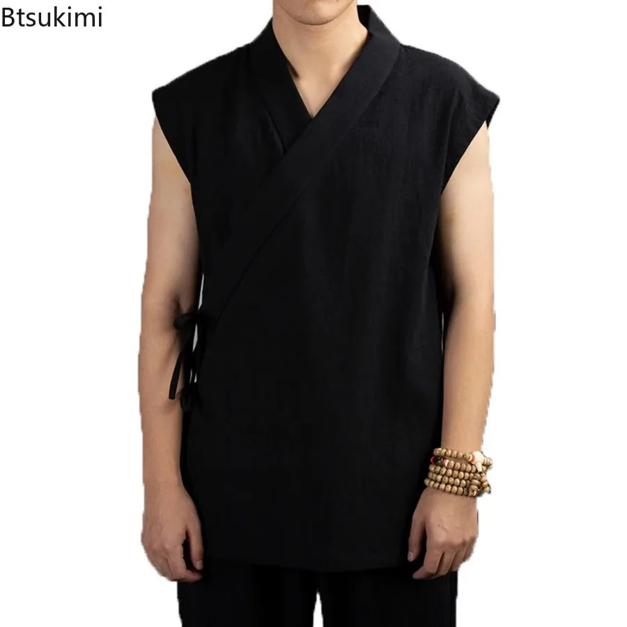 2026 Traditional Chinese Clothing Hanfu Men Linen Cotton Sleeveless Jacket Mens Tang Suit Kimono Cardigan Male Open Stitch Coat