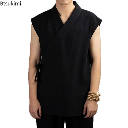 2026 Traditional Chinese Clothing Hanfu Men Linen Cotton Sleeveless Jacket Mens Tang Suit Kimono Cardigan Male Open Stitch Coat