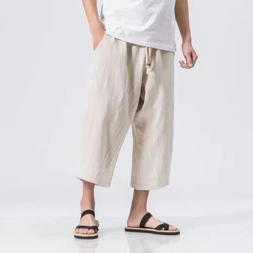 Men Loose Thin Cotton Linen Casual Trousers Calf-length Sweatpants Men's Clothing Fashion Solid Color Harem Pants