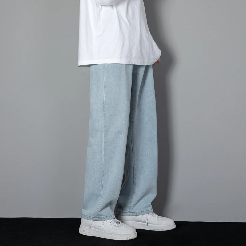 2026 New Korean Men's Casual Long Jeans Classic Man Straight Denim Wide-leg Pants Solid Color Light Blue Grey Black
