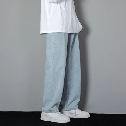 2026 New Korean Men's Casual Long Jeans Classic Man Straight Denim Wide-leg Pants Solid Color Light Blue Grey Black