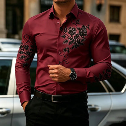 2026 New Men's Shirt with Rose Print, Long Sleeve, Slim Fit, Wrinkle-Free, Business Casual White Shirt, Trendy Men's Shirt
