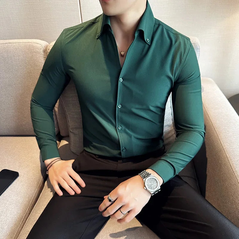 Men Dress Shirt 2025 Autumn Long Sleeve Camisas Business Fashion Shirt Male Solid British Style White Black Shirt Men Clothing