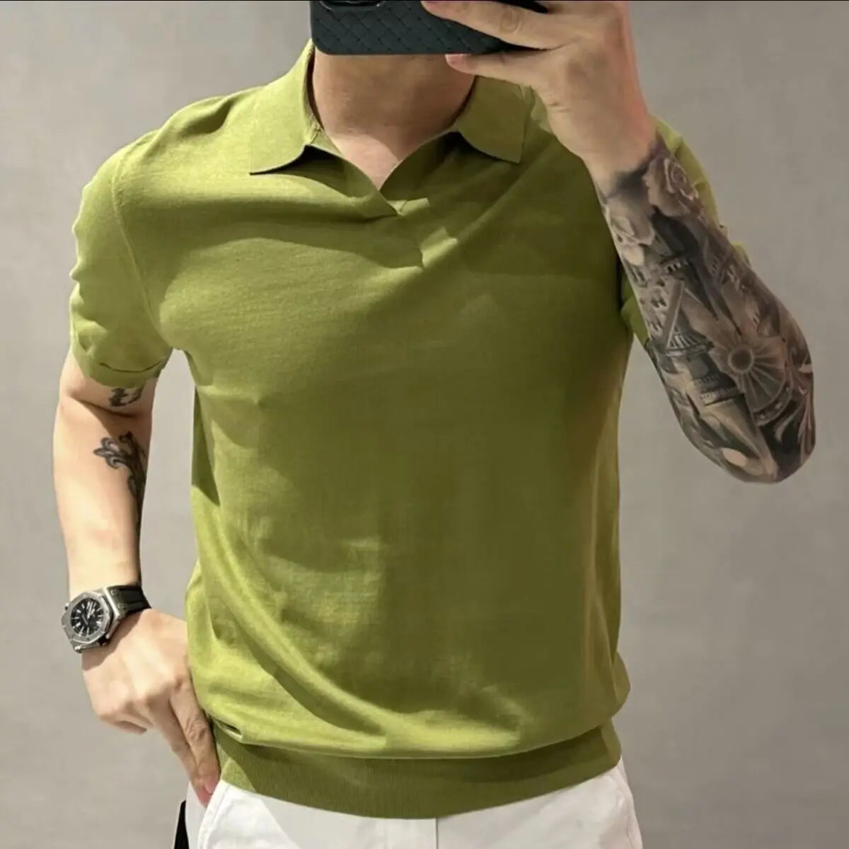 2023 Men's Clothing Light Luxury Knitted Polo Shirt Casual Soild V-Neck Solid Jacquard Short Sleeve T-Shirt Breathable M-4XL