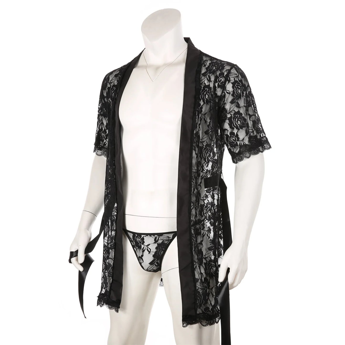 Men's Sexy Short Sleeve See-Through Lace Bathrobe Transparent Sex Erotic Pajamas Thong Hot Suit Home Wear Clothing