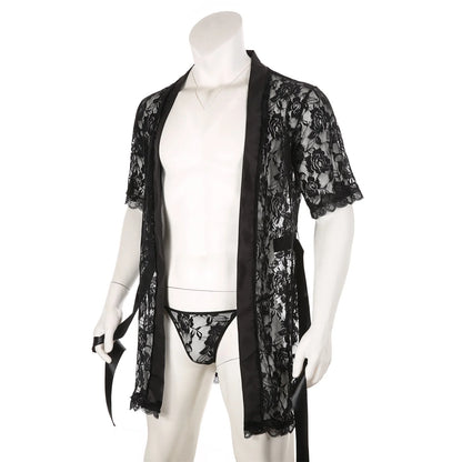 Men's Sexy Short Sleeve See-Through Lace Bathrobe Transparent Sex Erotic Pajamas Thong Hot Suit Home Wear Clothing