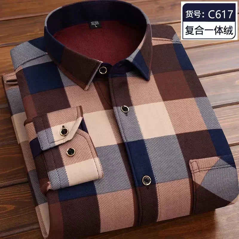 2026 Men's Wedding Party Warm Shirts Autumn Winter Oversized Casual Dress Office Business Fleece Shirts Male Casual Warm Shirts
