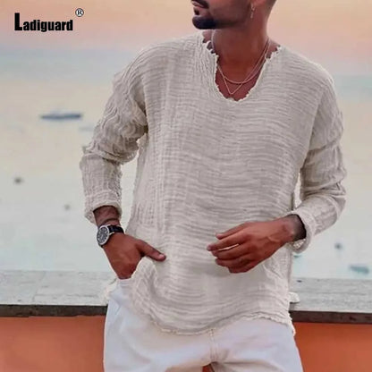 Men's Patchwork T-shirt Men Long Sleeve Fashion Ripped Cotton Tops Latest Summer Casual Linen Pullovers Sexy Mens clothing 2024