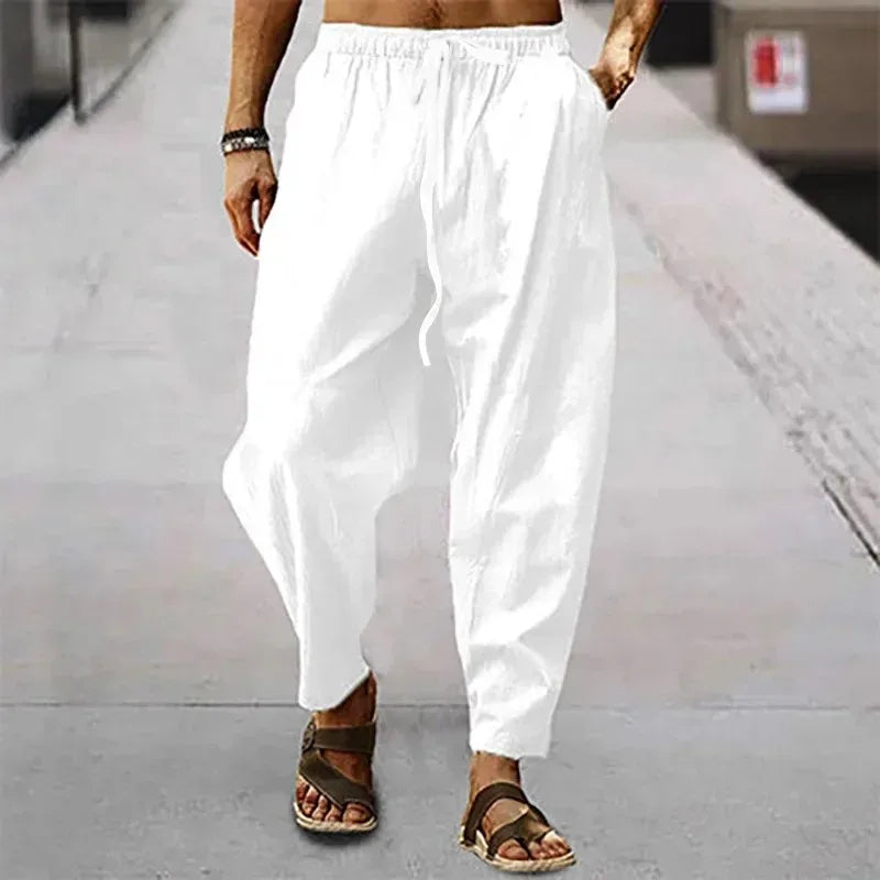 New Men Cotton Linen Pants Summer and Autumn Solid High Waist Wide-Leg Trousers Male Loose Hemp Casual Breathable Sports Pants