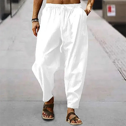 New Men Cotton Linen Pants Summer and Autumn Solid High Waist Wide-Leg Trousers Male Loose Hemp Casual Breathable Sports Pants