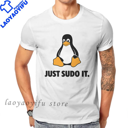 Men Clothing Just Sudo It TShirt Funny for Men Linux Operating System Tux Penguin Clothing Style Tops Oversized T Shirt