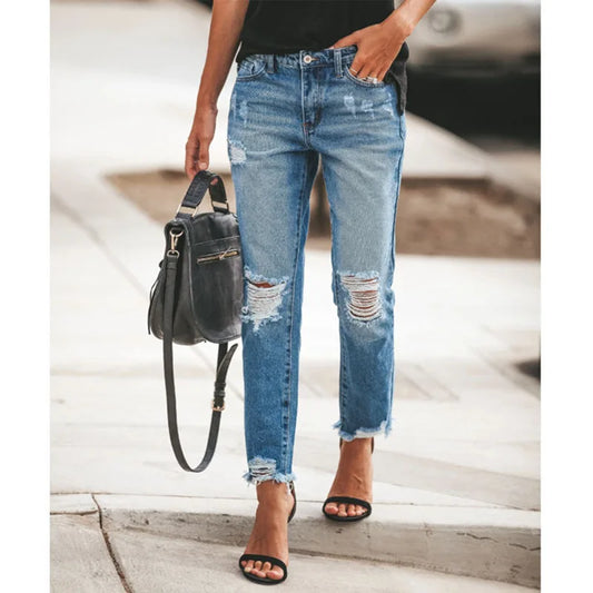 Washed Ripped Straight-leg Jeans. Four Seasons New Fashionable, Personalized, Casual and Comfortable 9-inch Jeans for Ladies