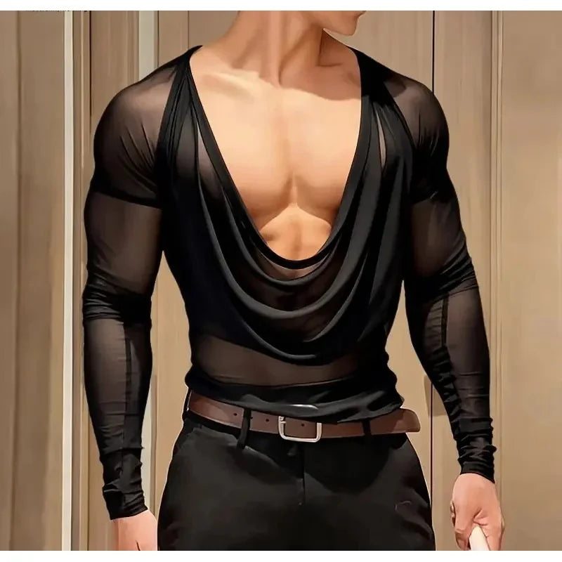 Men T Shirt Mesh See Through Sexy Long Sleeve Casual Male Tee Tops Party Nightclub Streetwear Fashion Men Clothing S-5XL