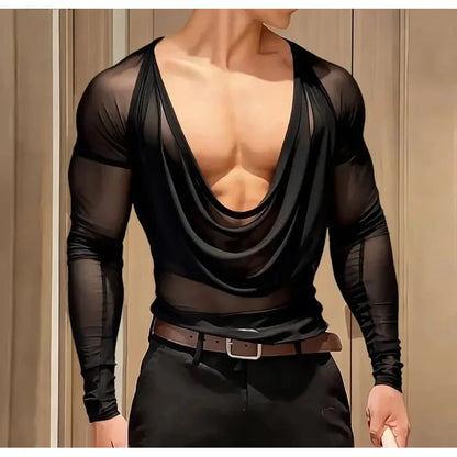 Men T Shirt Mesh See Through Sexy Long Sleeve Casual Male Tee Tops Party Nightclub Streetwear Fashion Men Clothing S-5XL