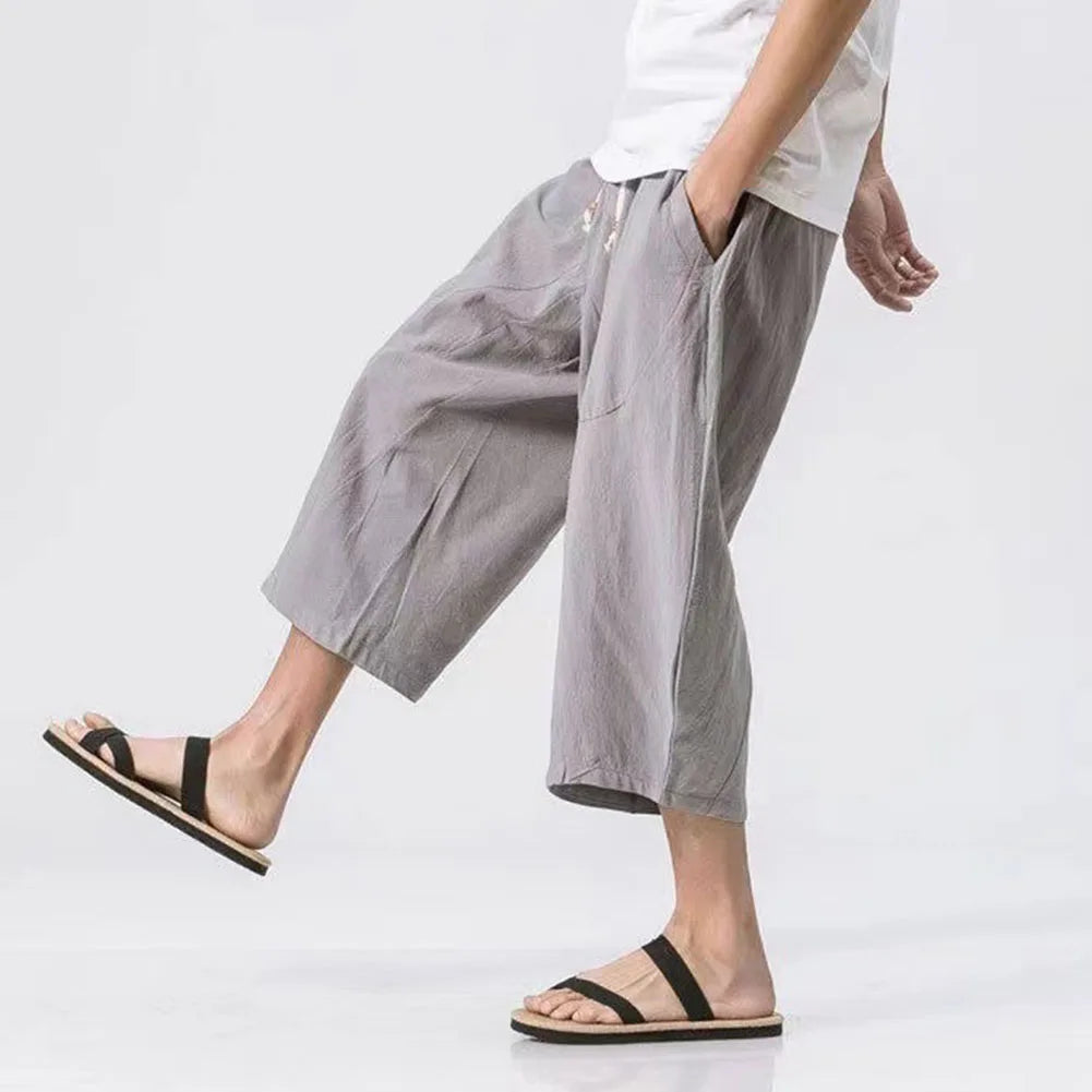 Men Loose Thin Cotton Linen Casual Trousers Calf-length Sweatpants Men's Clothing Fashion Solid Color Harem Pants