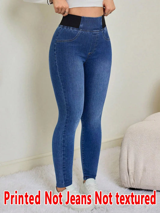 [Printed Pants - Not Denim Fabric] Printed Leggings - Non-Denim Fabric, Women's Trousers, Imitation Denim Printed Leggings for A
