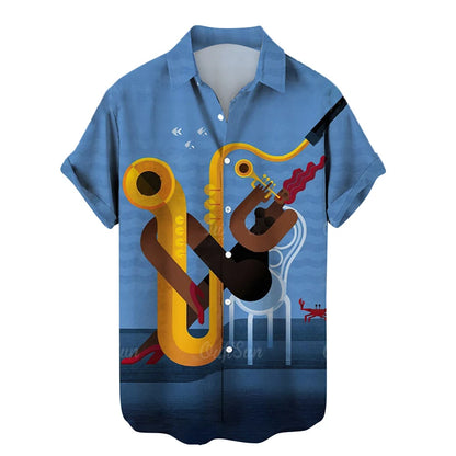 Shirts For Men Music Guitar Print Rock Hip Hop Tops Male Clothing Short Sleeve V-Neck Beach Ahloa Shirts Camisa Social Masculina