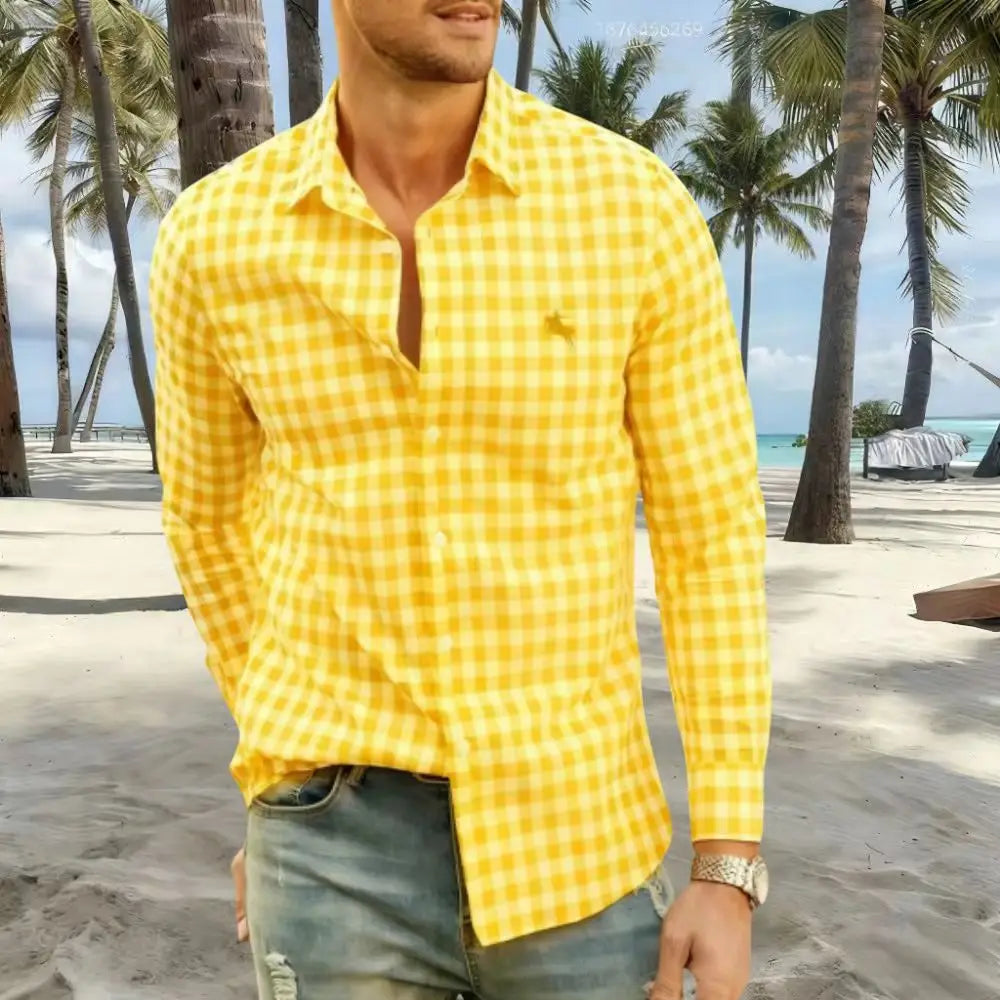 New Men's Shirts Are Available in Striped and Checked Styles, With Various Colors to Choose From. This Casual Long-Sleeved Shirt