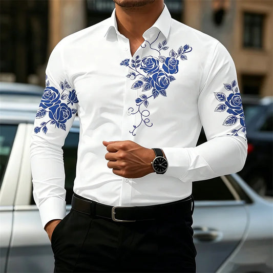 2026 New Men's Shirt with Rose Print, Long Sleeve, Slim Fit, Wrinkle-Free, Business Casual White Shirt, Trendy Men's Shirt