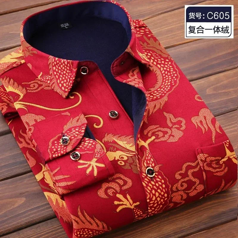 2026 Men's Wedding Party Warm Shirts Autumn Winter Oversized Casual Dress Office Business Fleece Shirts Male Casual Warm Shirts