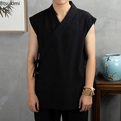 2026 Traditional Chinese Clothing Hanfu Men Linen Cotton Sleeveless Jacket Mens Tang Suit Kimono Cardigan Male Open Stitch Coat