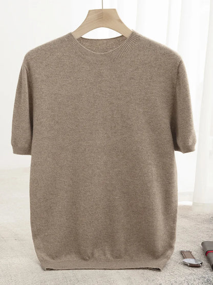 Men Classical T-shirt 100% Merino Wool Sweater O-neck Short Sleeve Pullover Smart Casual Basic Clothing Cashmere Knitwear Tops