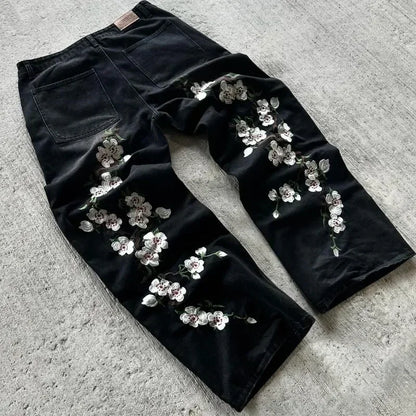 2025 autumn new European and American jeans embroidered pattern loose and personalized street Harajuku straight trousers