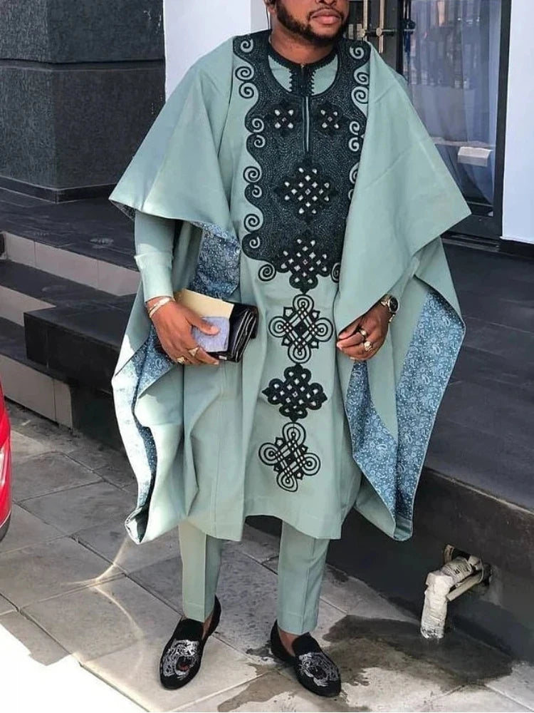 Men's African Traditional Clothing: Bazin Rich Original Heat Pressed White Clothing, Three-piece Suit, Suitable for Wedding Part