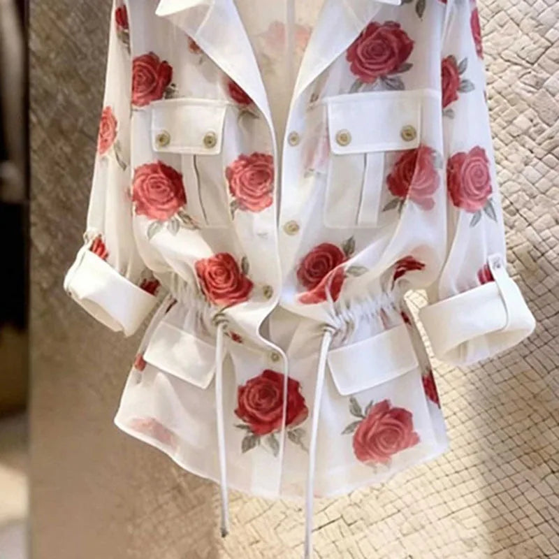 Women's Shirts Blouse Design Sense Rose Printed White Shirt 2026 Summer New Long Sleeve Waist Strap Collar Style Top