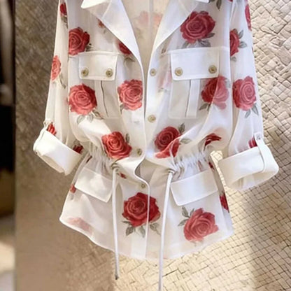 Women's Shirts Blouse Design Sense Rose Printed White Shirt 2026 Summer New Long Sleeve Waist Strap Collar Style Top