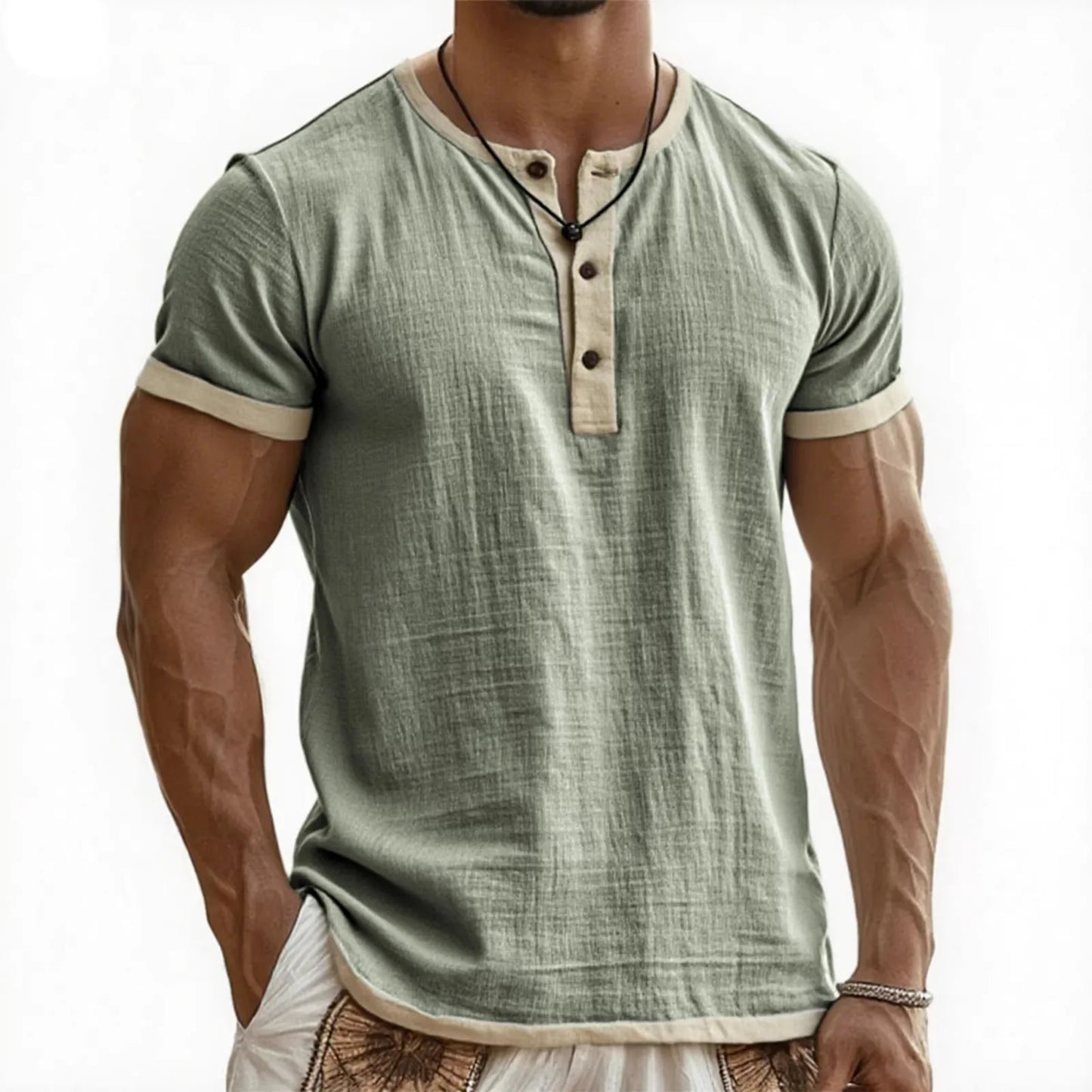Men's Linen Cotton Patchwork T-shirk Summer Casual Short-sleeved Shirt Comfortable Breathable Top Round Collar Male Clothing