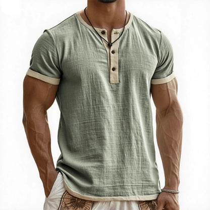 Men's Linen Cotton Patchwork T-shirk Summer Casual Short-sleeved Shirt Comfortable Breathable Top Round Collar Male Clothing