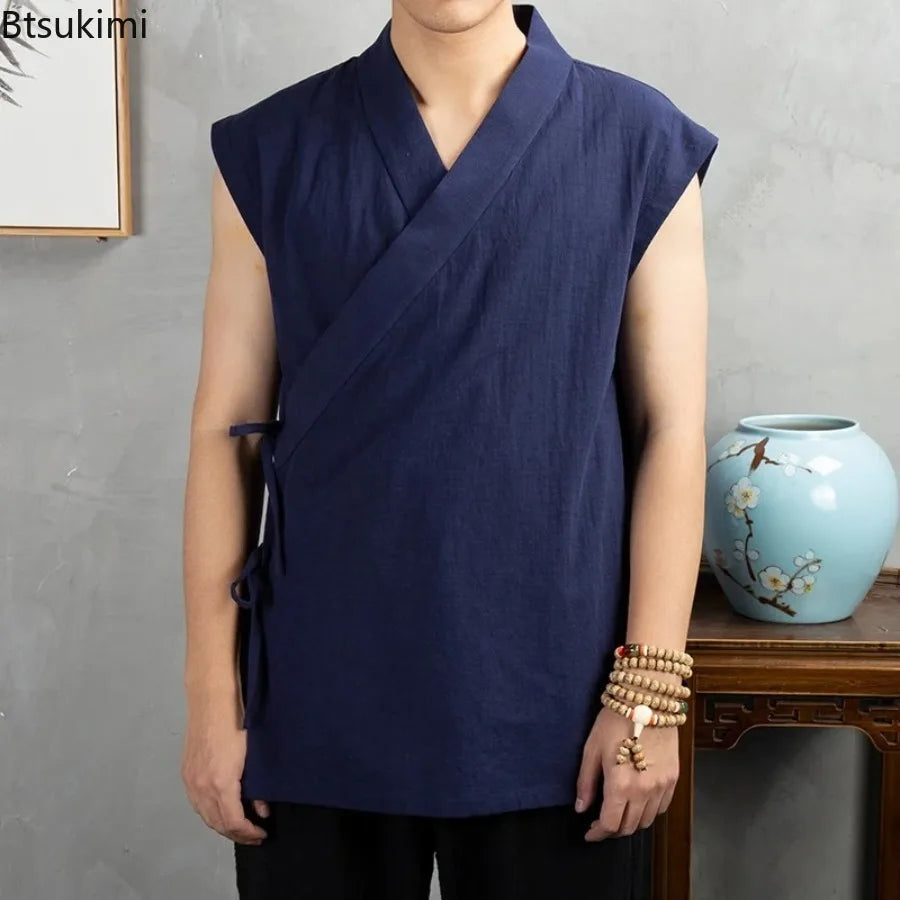 2026 Traditional Chinese Clothing Hanfu Men Linen Cotton Sleeveless Jacket Mens Tang Suit Kimono Cardigan Male Open Stitch Coat