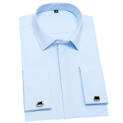 French Shirts for Men Covered Button Solid Plain Long Sleeve Business Party Tuxedo Men Dress Shirt with French Cufflinks