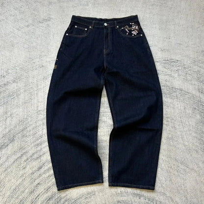 2025 autumn new European and American jeans embroidered pattern loose and personalized street Harajuku straight trousers
