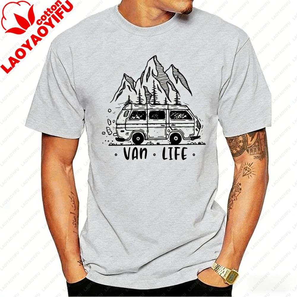 Men Clothing  Van Life Ladies Camping Printed T-Shirt Male Designing T Shirt Top Tee Vintage Outdoor Classic O-neck Woman Tshirt