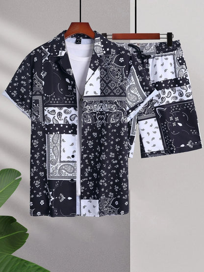 2024 Men Sets Print Patchwork Lapel Short Sleeve Casual Shirt Beach Shorts Summer Streetwear Vacation Hawaiian Suits Men S-5XL