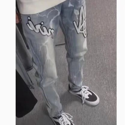 2025 Men Jeans Male Slim High Elasticity Star Embroidery Stretch Mid Waist Casual Jeans Fashion Street Wear Straight Leg Pants