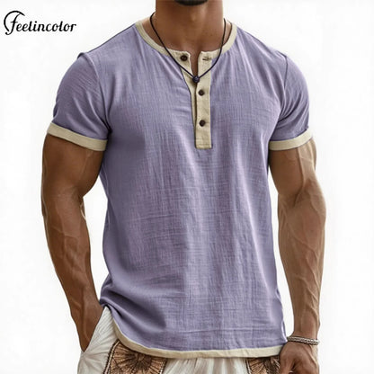 Men's Linen Cotton Patchwork T-shirk Summer Casual Short-sleeved Shirt Comfortable Breathable Top Round Collar Male Clothing