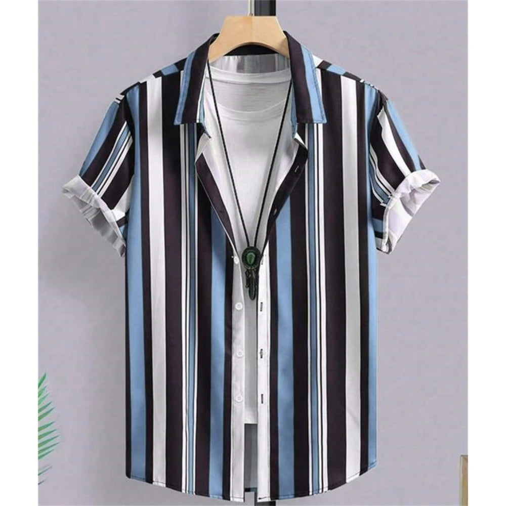 Hawaiian Shirts For Men 3d Striped Print Short Sleeve Shirts Summer Loose Casual Tops Simple Fashion Oversized Men Clothing