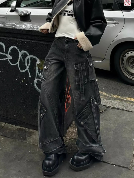 Women Black Jeans Cargo Pants Streetwear High Waist American Wide Leg Pants Fashion Y2K Style Female Winter Straight Trousers